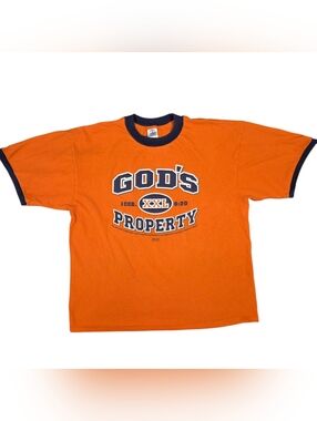 Vintage Gods Property Ringer T-Shirt 90s XL Orange Blue Delta Kerusso Religious